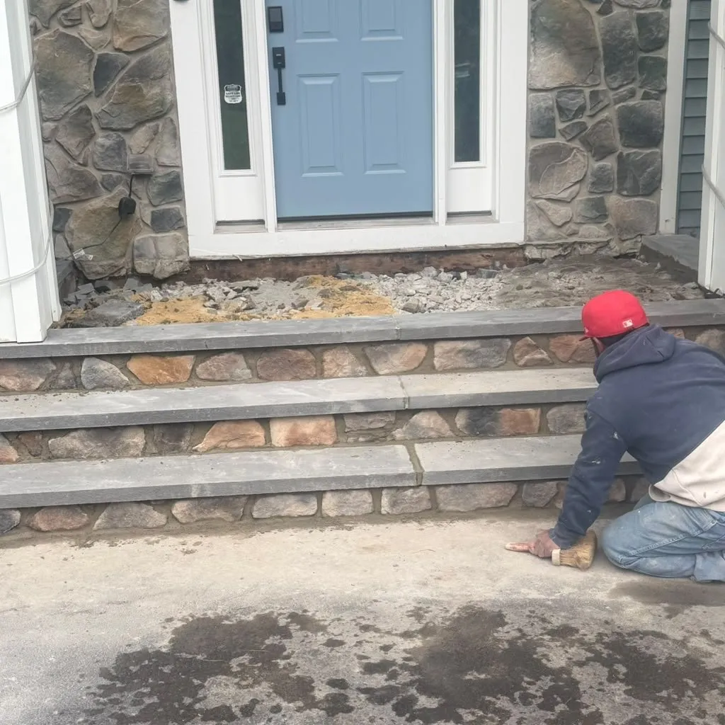 Mason building stone veneer front steps with bluestone treads